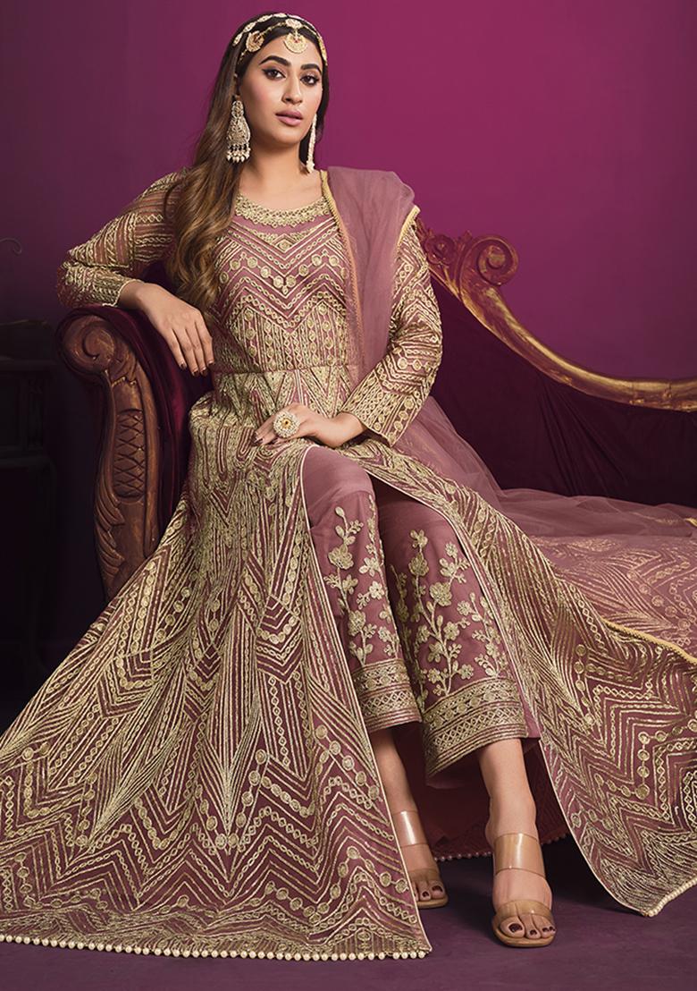 Pink Embroidered Net Salwar Kameez With Dupatta - Indya