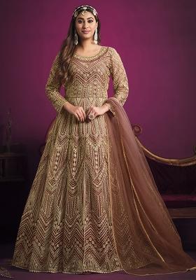 Peach Embroidered Net Salwar Kameez With Dupatta