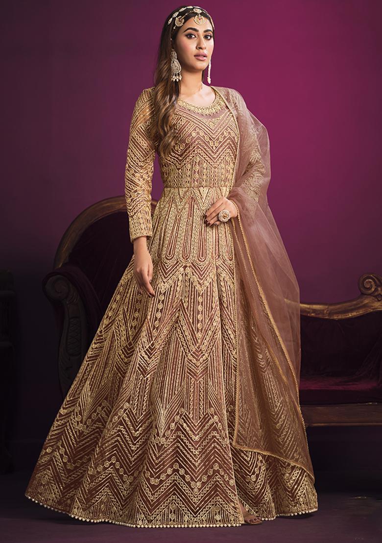 Peach Embroidered Net Salwar Kameez With Dupatta - Indya