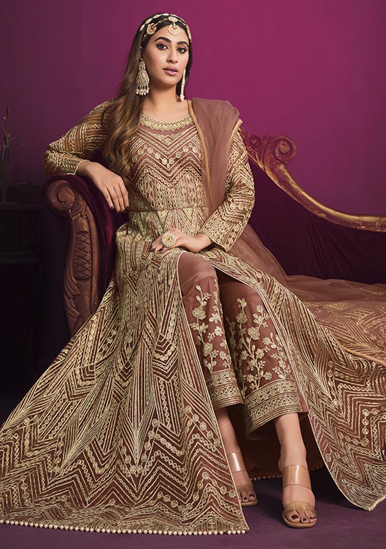 Peach Embroidered Net Salwar Kameez With Dupatta - Indya