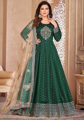 Green Embroidered Blended Anarkali Set With Dupatta