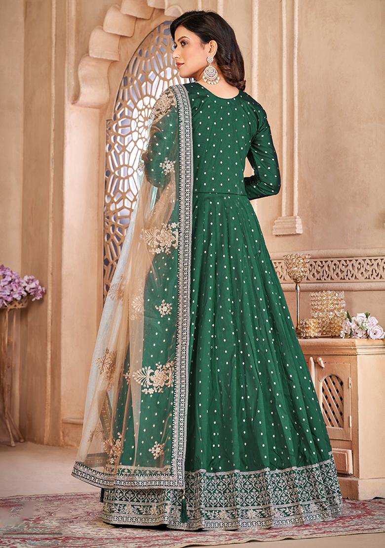 Green Embroidered Blended Anarkali Set With Dupatta - Indya