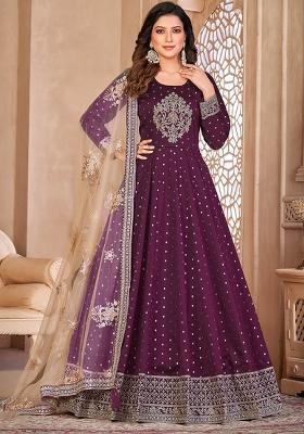 Purple Embroidered Blended Anarkali Set With Dupatta