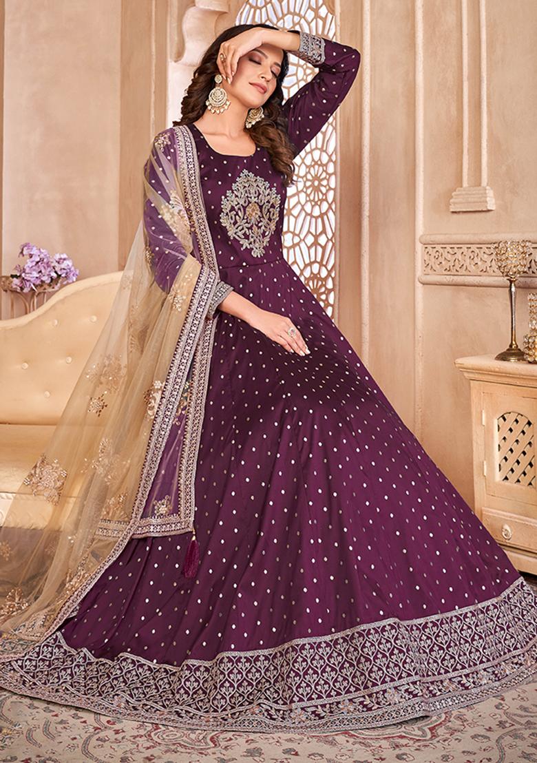 Purple Embroidered Blended Anarkali Set With Dupatta - Indya