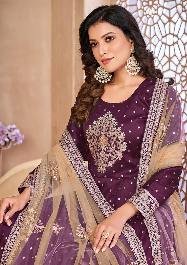 Purple Embroidered Blended Anarkali Set With Dupatta - Indya