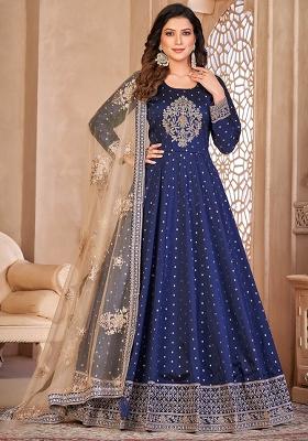 Blue Embroidered Blended Anarkali Set With Dupatta