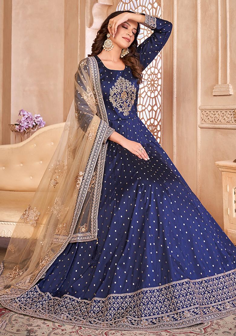 Blue Embroidered Blended Anarkali Set With Dupatta - Indya