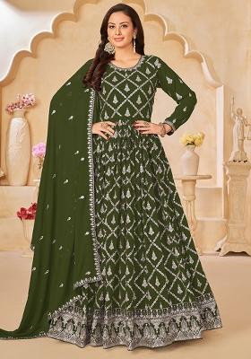 Olive Embroidered Georgette Salwar Kameez With Dupatta