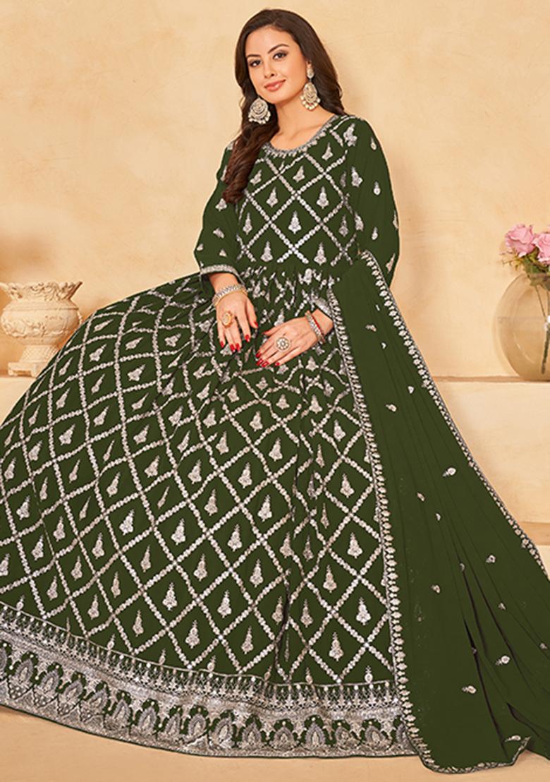 Olive Embroidered Georgette Salwar Kameez With Dupatta - Indya