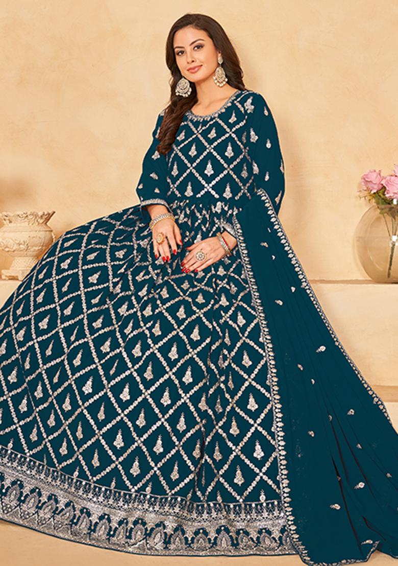 Blue Embroidered Georgette Salwar Kameez With Dupatta - Indya