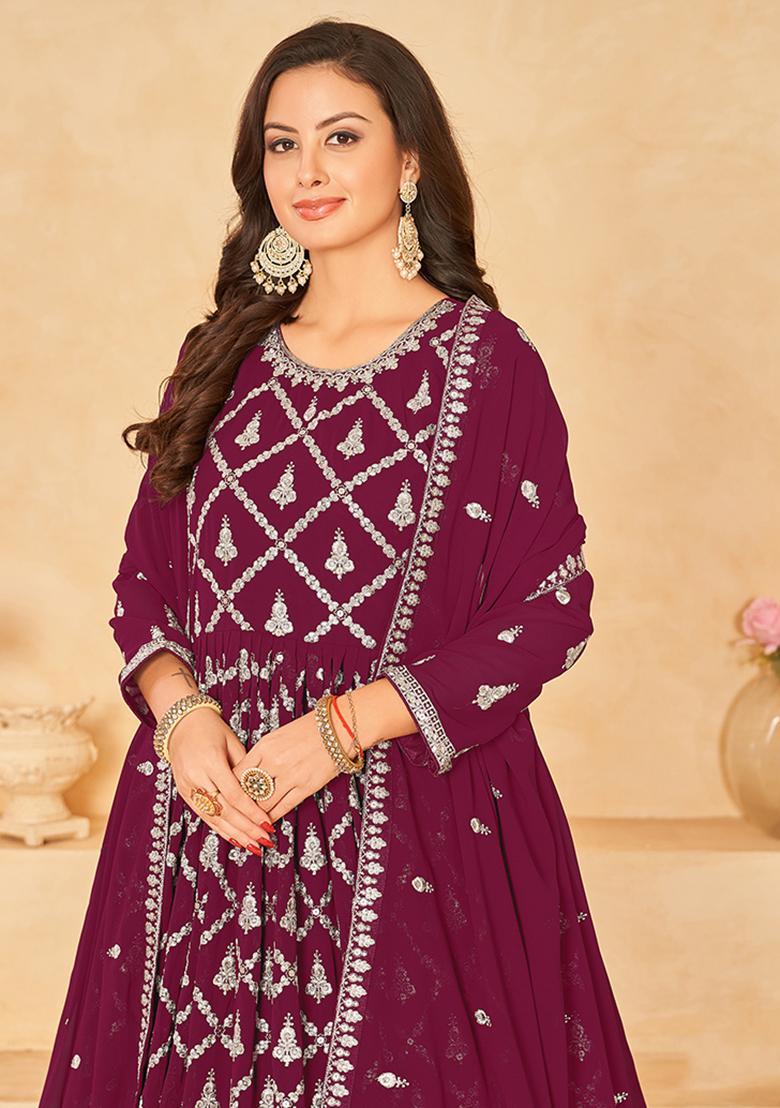 Purple Embroidered Georgette Salwar Kameez With Dupatta - Indya