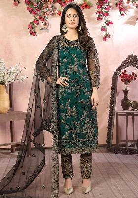 Green Embroidered Net Salwar Kameez With Dupatta