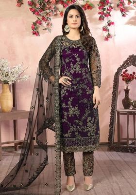 Purple Embroidered Net Salwar Kameez With Dupatta