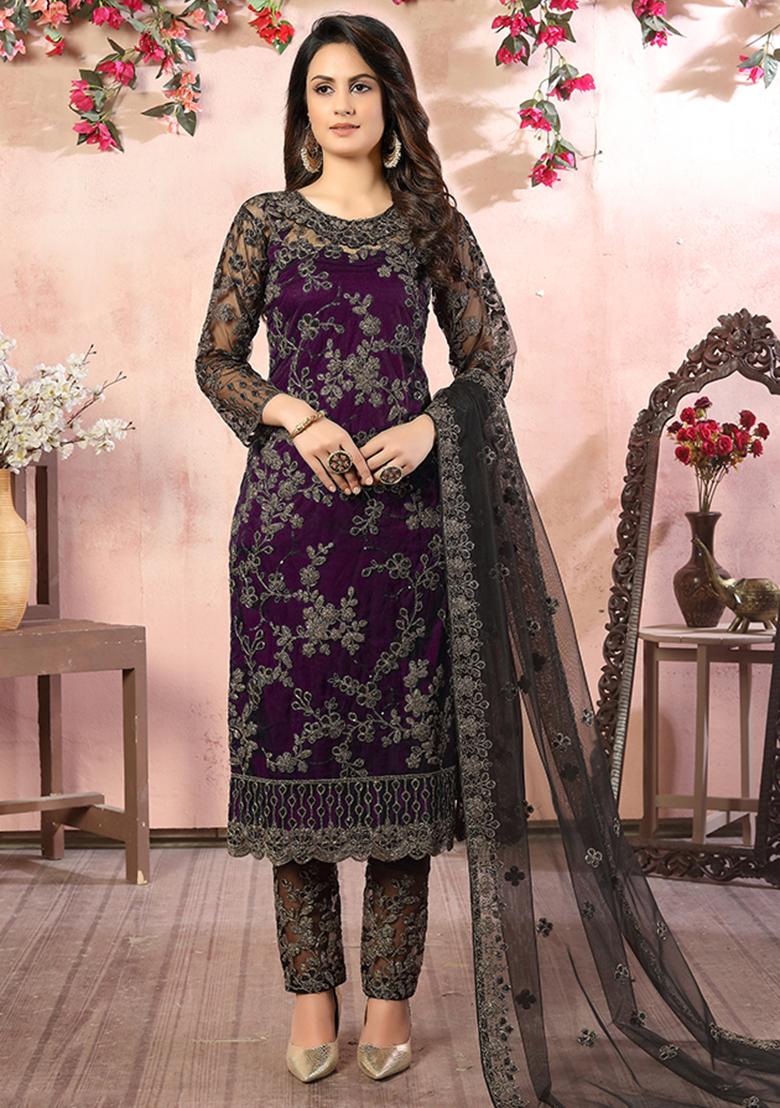 Purple Embroidered Net Salwar Kameez With Dupatta - Indya
