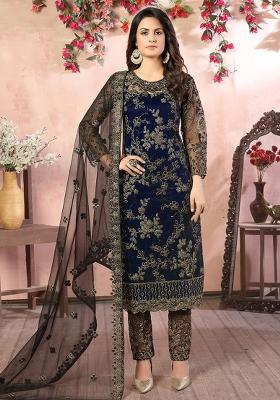 Blue Embroidered Net Salwar Kameez With Dupatta