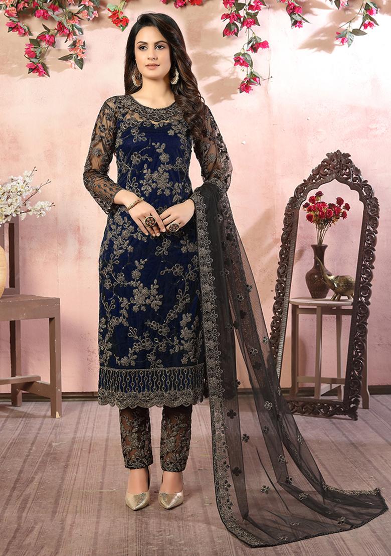 Blue Embroidered Net Salwar Kameez With Dupatta - Indya