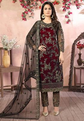Maroon Embroidered Net Salwar Kameez With Dupatta