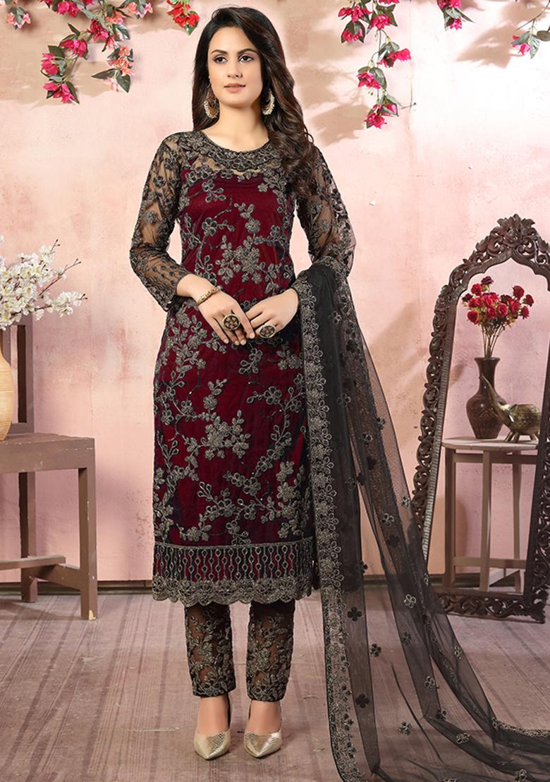 Maroon Embroidered Net Salwar Kameez With Dupatta - Indya