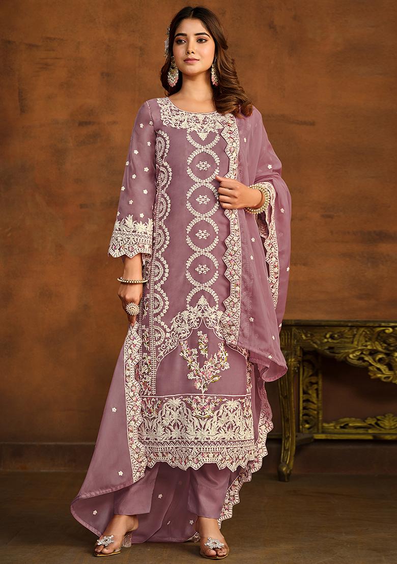 Purple Embroidered Organza Salwar Kameez With Dupatta - Indya