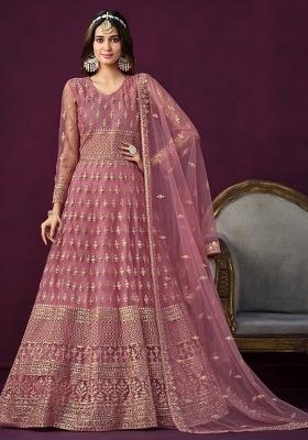 Pink Embroidered Net Anarkali Set With Dupatta