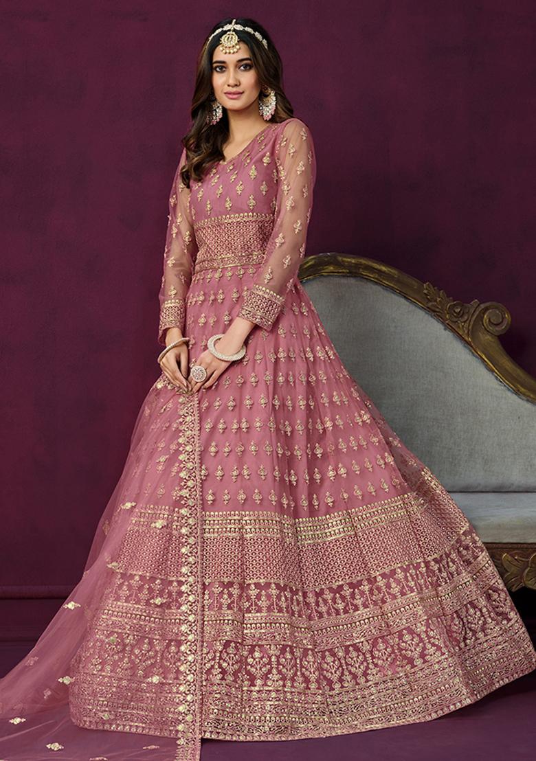 Pink Embroidered Net Anarkali Set With Dupatta - Indya
