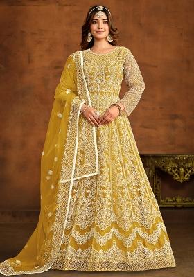Yellow Embroidered Net Anarkali Set With Dupatta