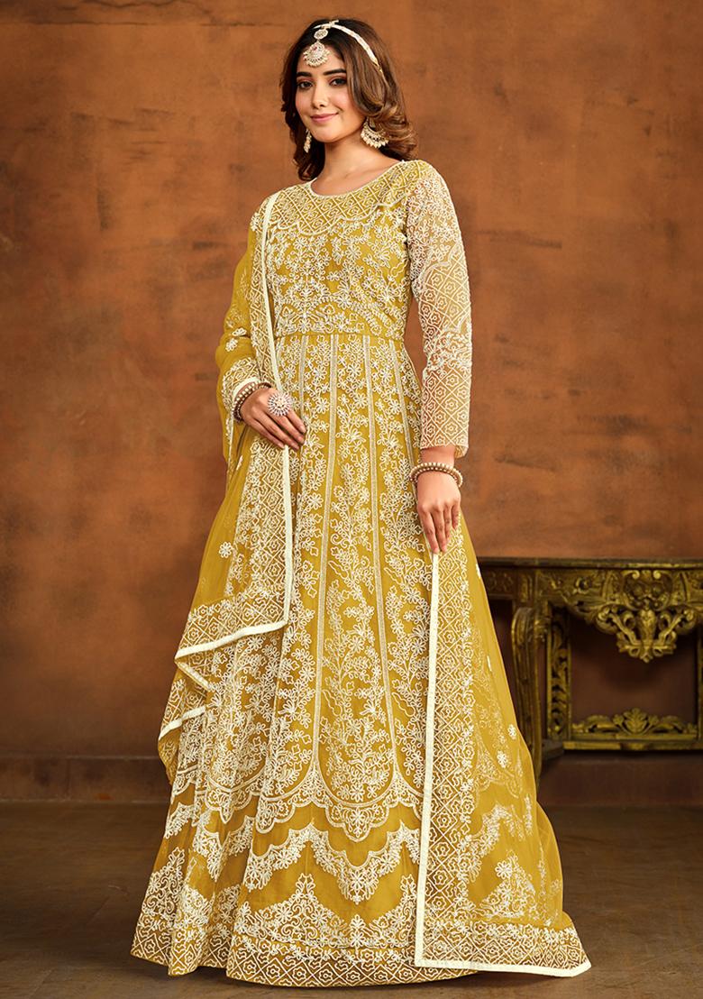 Yellow Embroidered Net Anarkali Set With Dupatta - Indya