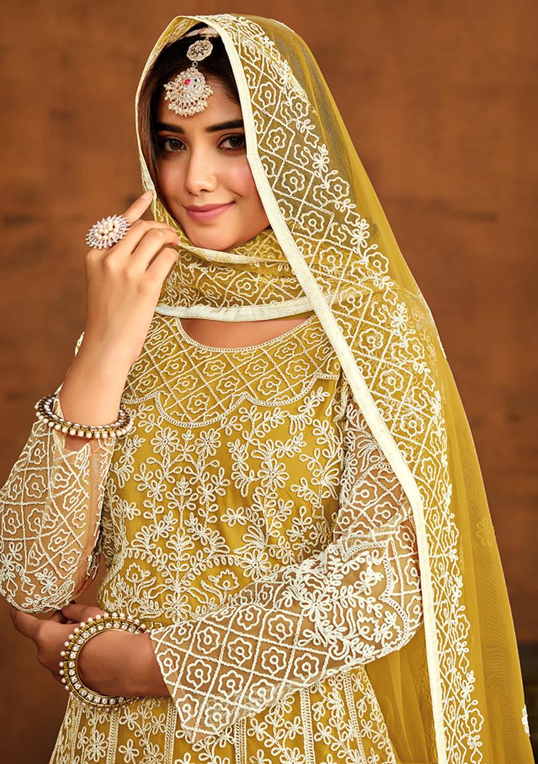 Yellow Embroidered Net Anarkali Set With Dupatta - Indya