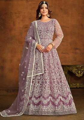 Purple Embroidered Net Anarkali Set With Dupatta