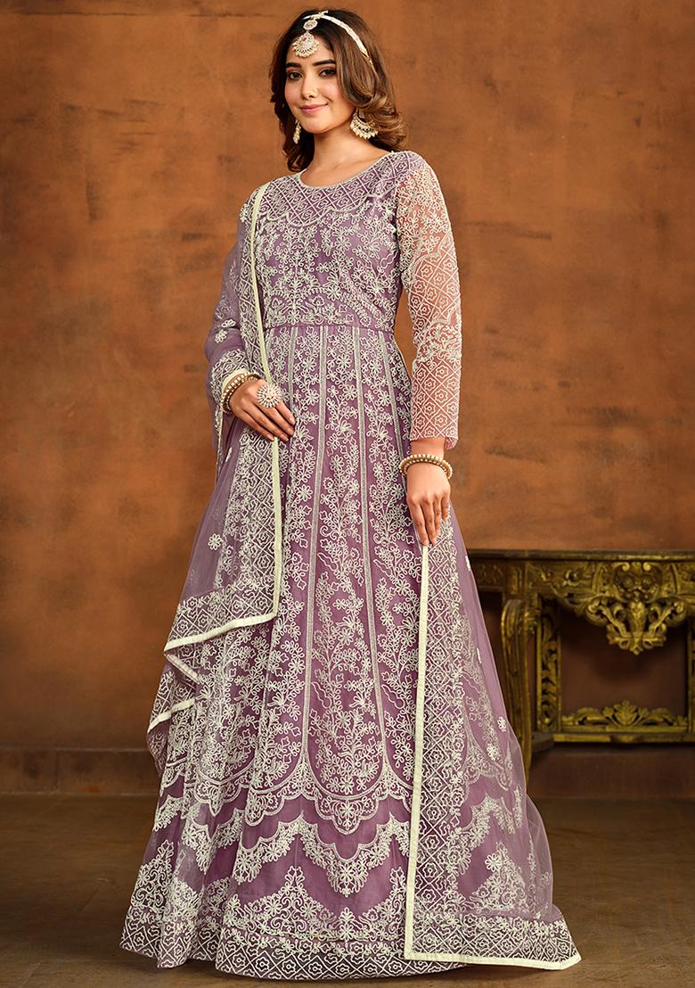 Purple Embroidered Net Anarkali Set With Dupatta - Indya