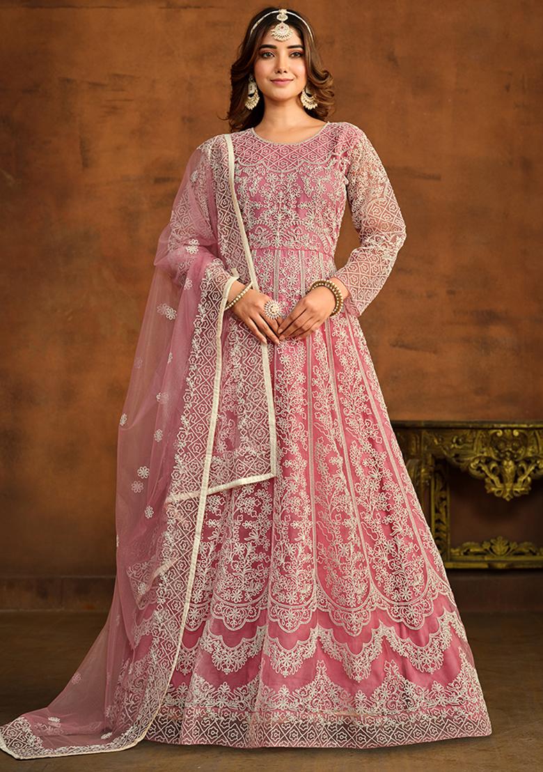 Pink Embroidered Net Anarkali Set With Dupatta - Indya