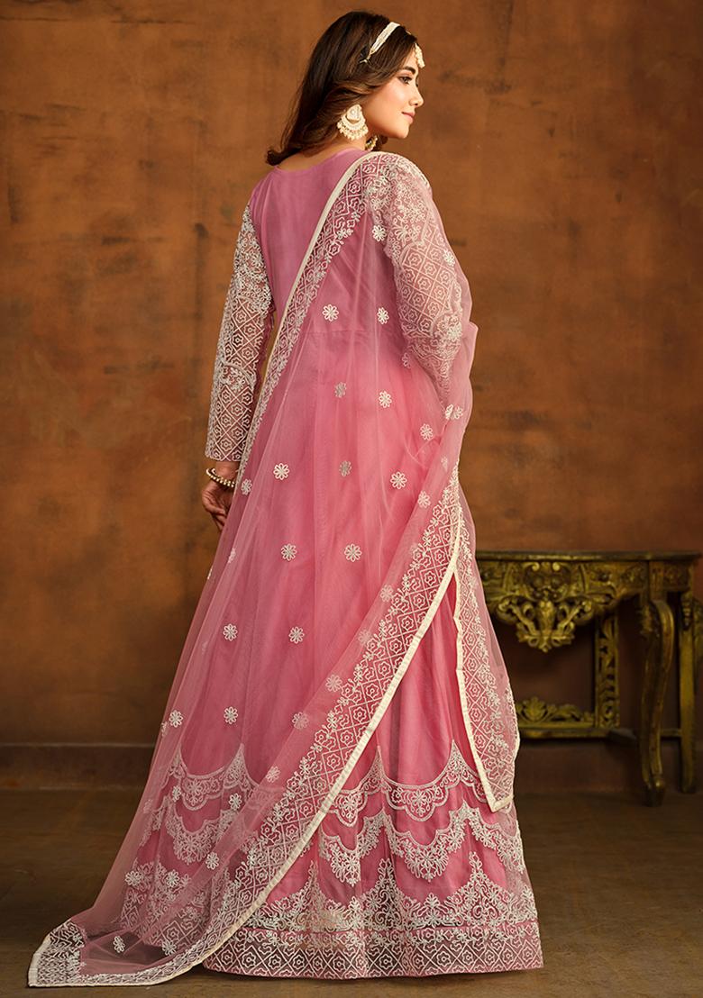 Pink Embroidered Net Anarkali Set With Dupatta - Indya