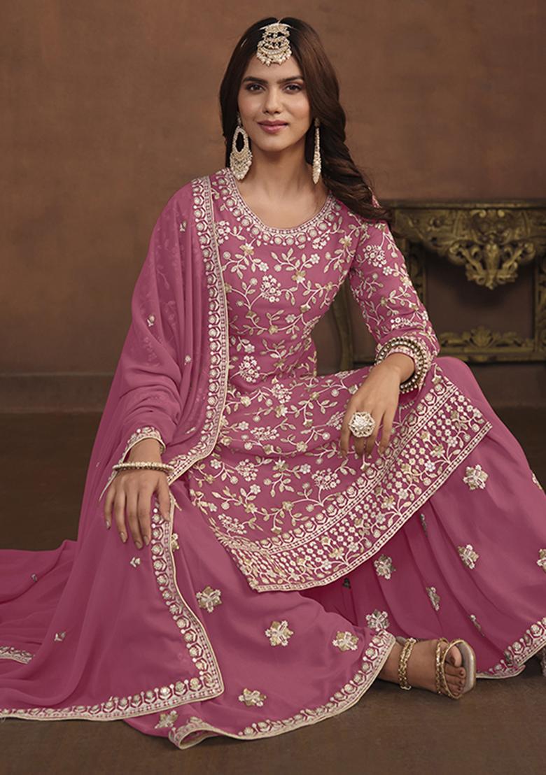 Pink Embroidered Georgette Palazzo Set With Dupatta - Indya