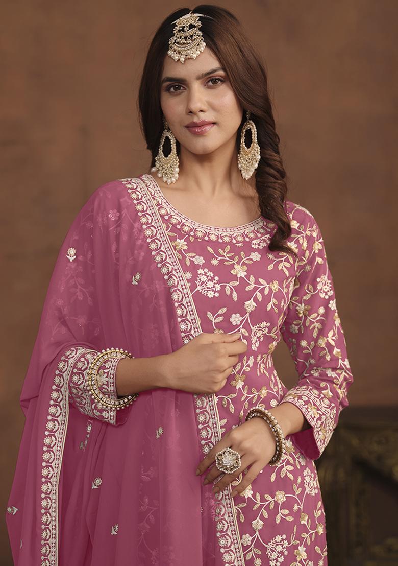 Pink Embroidered Georgette Palazzo Set With Dupatta - Indya