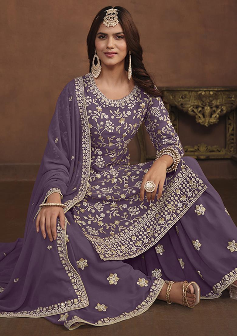 Purple Embroidered Georgette Palazzo Set With Dupatta - Indya