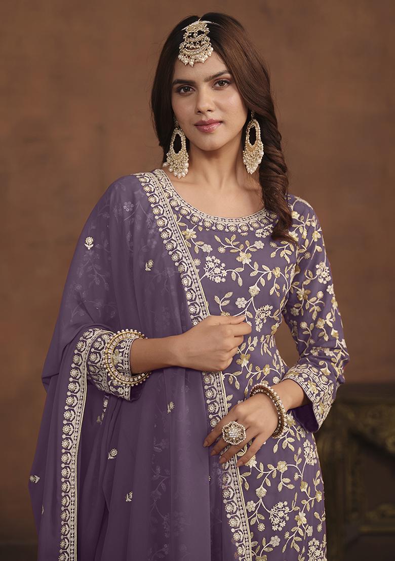 Purple Embroidered Georgette Palazzo Set With Dupatta - Indya