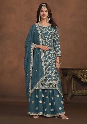 Blue Embroidered Georgette Palazzo Set With Dupatta