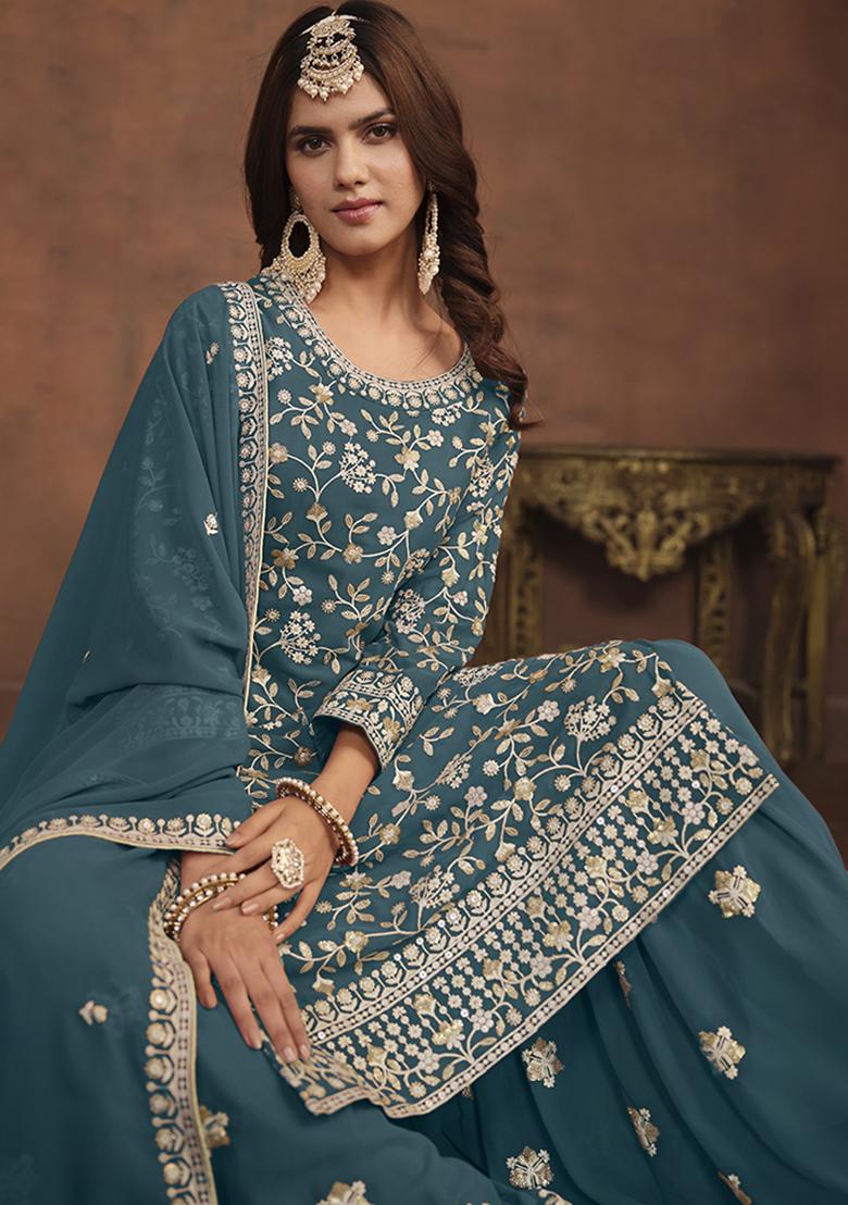 Blue Embroidered Georgette Palazzo Set With Dupatta - Indya