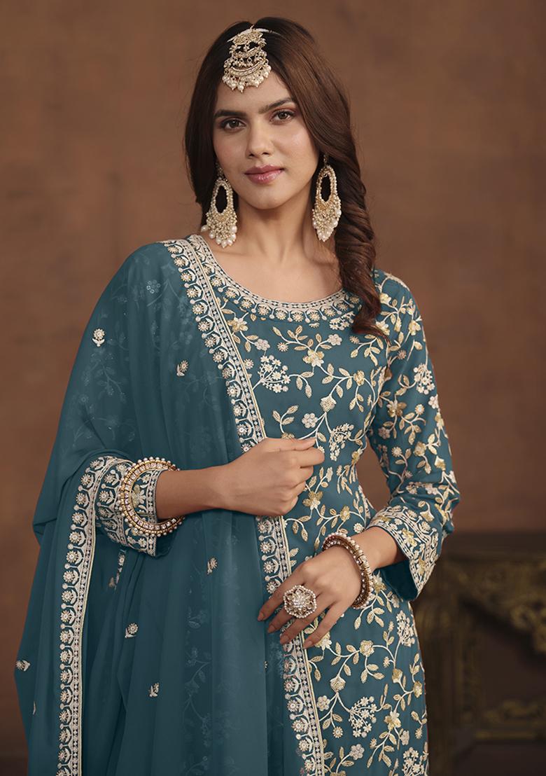 Blue Embroidered Georgette Palazzo Set With Dupatta - Indya