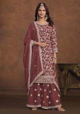 Brown Embroidered Georgette Palazzo Set With Dupatta