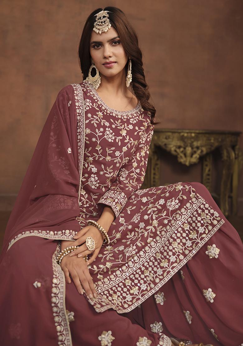 Brown Embroidered Georgette Palazzo Set With Dupatta - Indya