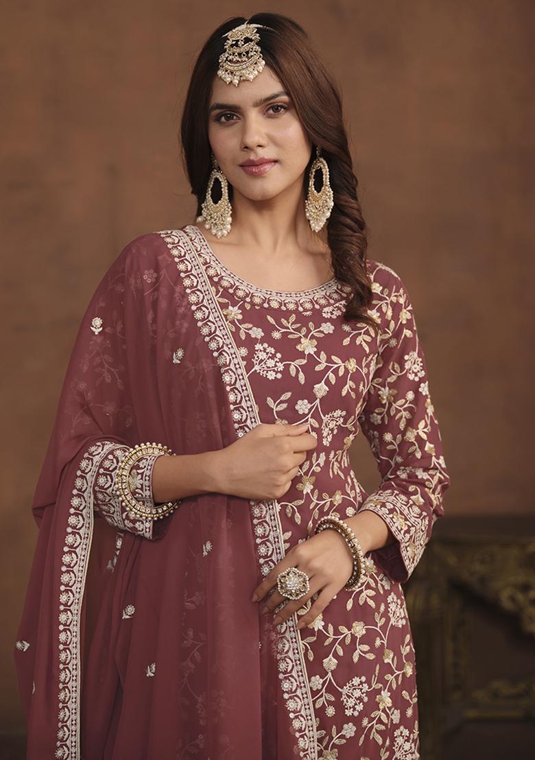 Brown Embroidered Georgette Palazzo Set With Dupatta - Indya