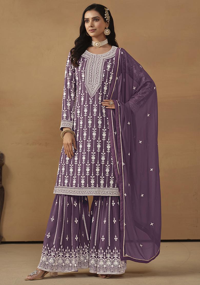 Purple Embroidered Georgette Salwar Kameez With Dupatta - Indya