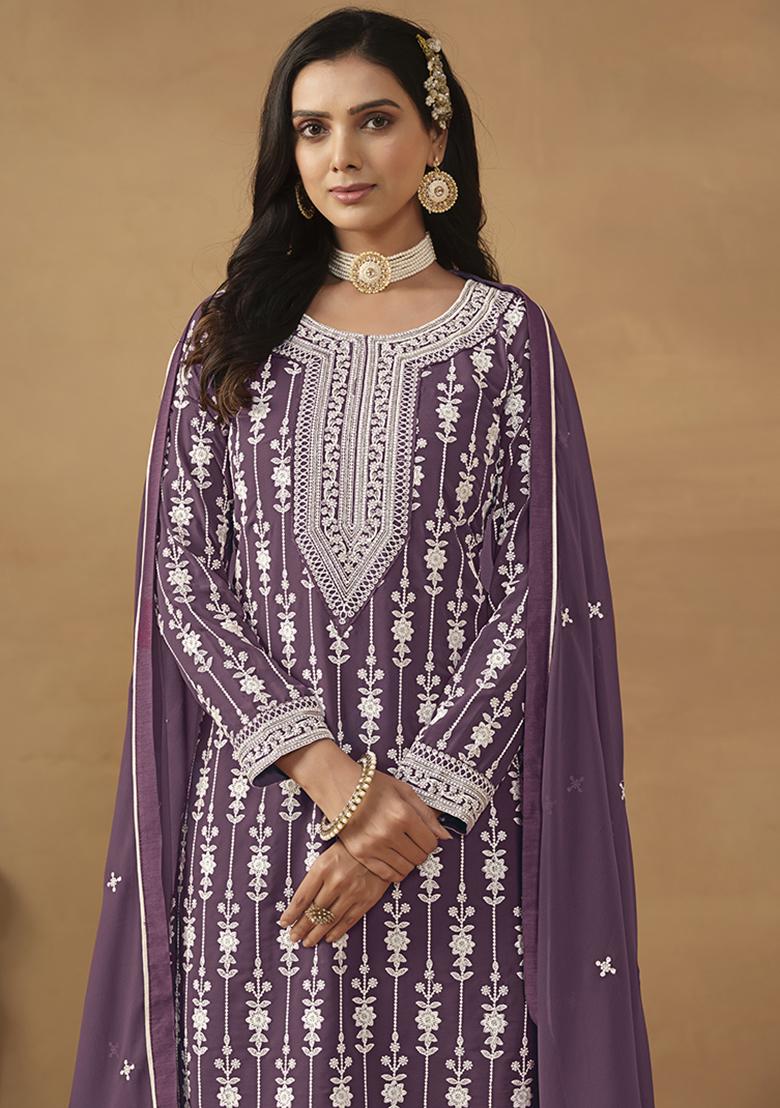 Purple Embroidered Georgette Salwar Kameez With Dupatta - Indya