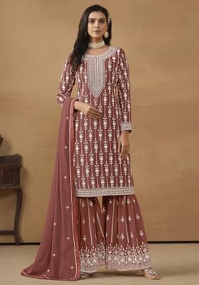 Brown Embroidered Georgette Salwar Kameez With Dupatta