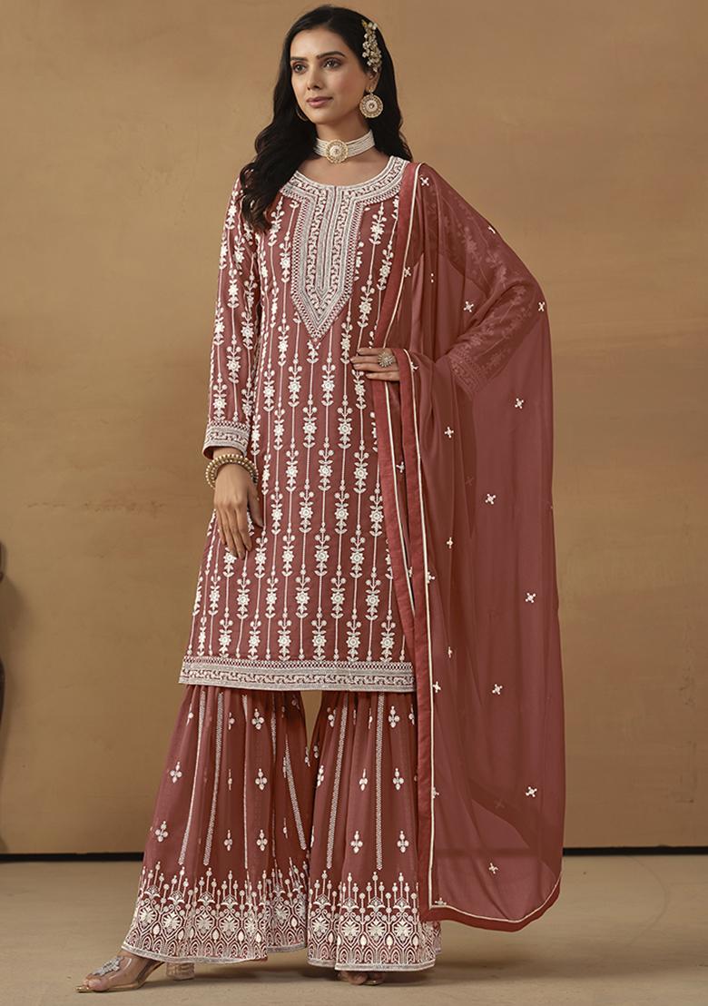 Brown Embroidered Georgette Salwar Kameez With Dupatta - Indya