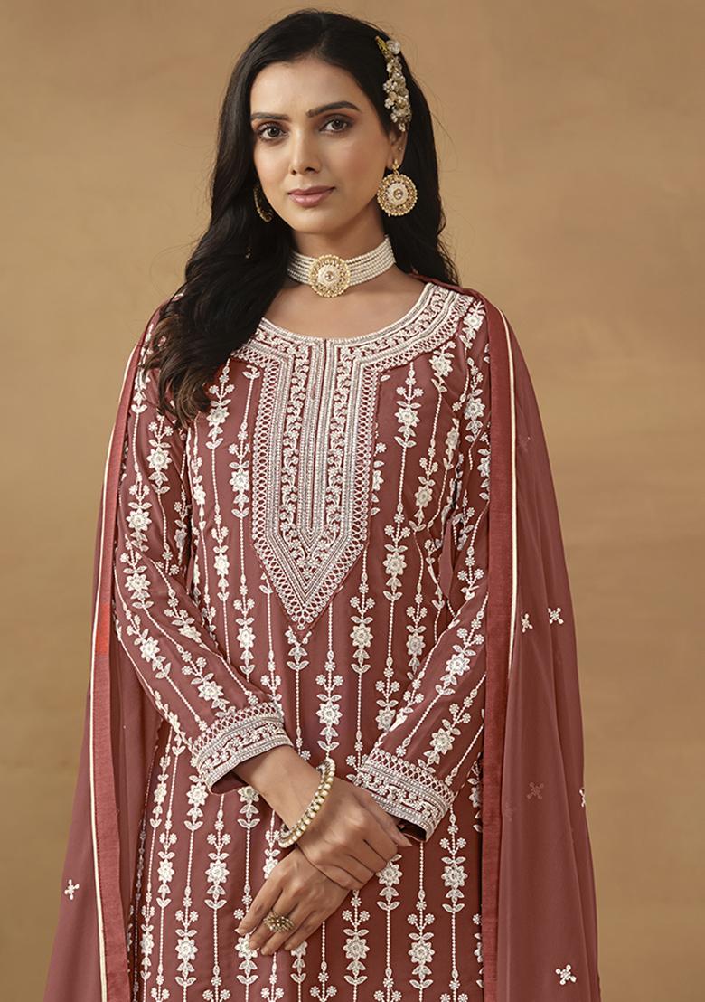 Brown Embroidered Georgette Salwar Kameez With Dupatta - Indya