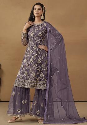 Purple Embroidered Net Salwar Kameez With Dupatta