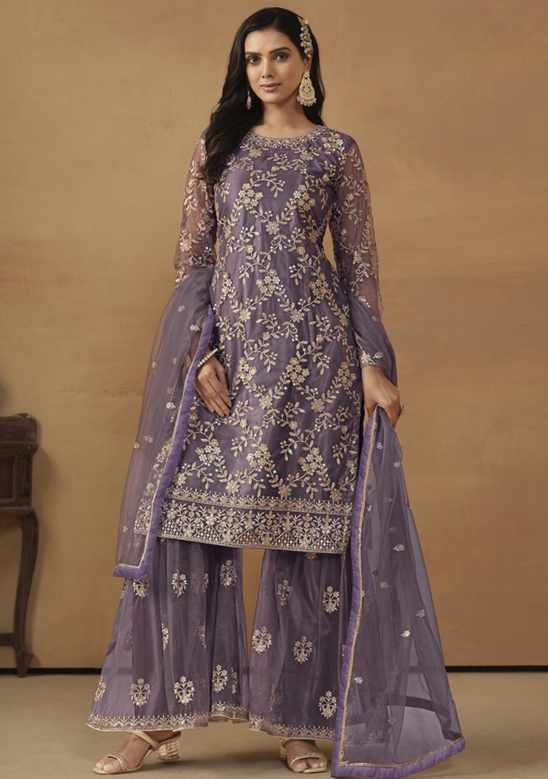 Purple Embroidered Net Salwar Kameez With Dupatta - Indya