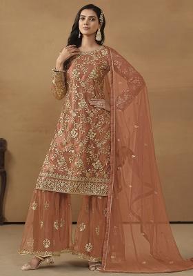 Brown Embroidered Net Salwar Kameez With Dupatta